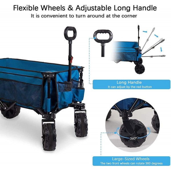 Timber Ridge Folding Wagon Collapsible Utility Big Wheels Shopping Cart for Beach Outdoor Camping Garden All Terrain, Heavy Duty Portable Grocery Cart with Side Bag, Cup Holders