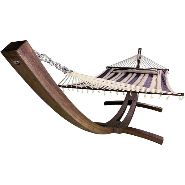 Petra Leisure 14 Ft. Wooden Arc Hammock Stand + Deluxe Quilted Double Padded Hammock Bed w/Pillow. 2 Person Bed. 450 LB Capacity(Coffee Stain/Elegant Blue Stripe)