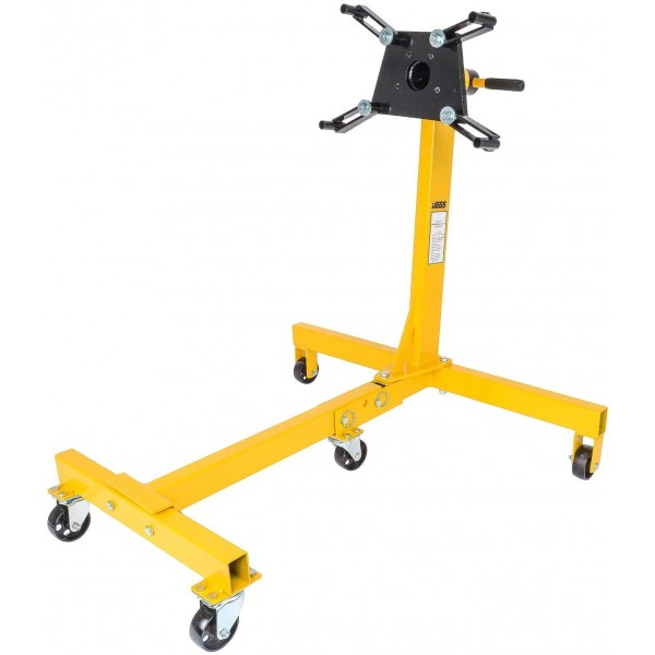 JEGS Folding Engine Stand | Yellow Finish | 1250 LBS Capacity | 360 Degree Adjustable Mounting Head | 5 Ball-Bearing Swivel Caster Wheels | Heavy-Duty Square Steel Frame