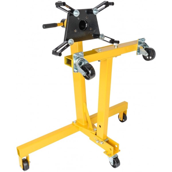 JEGS Folding Engine Stand | Yellow Finish | 1250 LBS Capacity | 360 Degree Adjustable Mounting Head | 5 Ball-Bearing Swivel Caster Wheels | Heavy-Duty Square Steel Frame