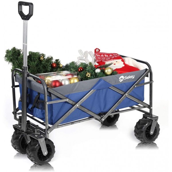 Sekey Folding Wagon Cart Collapsible Outdoor Utility Wagon Garden Shopping Cart Beach Wagon with All-Terrain Wheels, 176 Pound Capacity, Blue with Gray