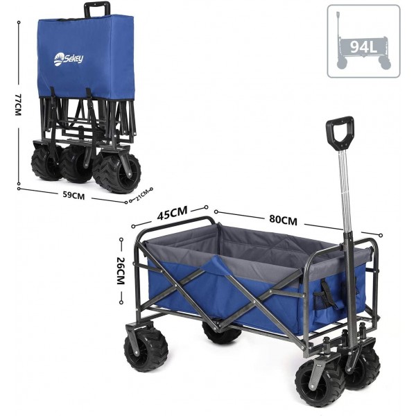 Sekey Folding Wagon Cart Collapsible Outdoor Utility Wagon Garden Shopping Cart Beach Wagon with All-Terrain Wheels, 176 Pound Capacity, Blue with Gray