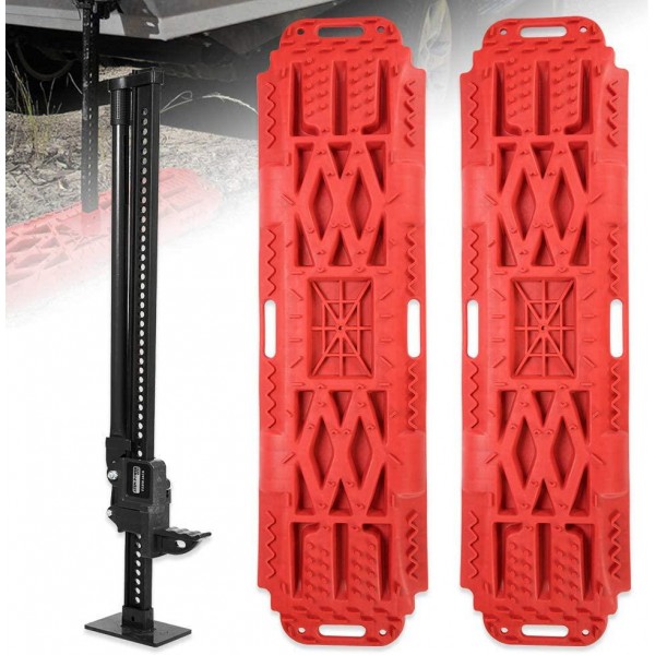 FieryRed Jack with 2pcs Recovery Traction Tracks Built-in Jack Lift Base - 48 Inch Jack with Traction Boards for Sand Mud Snow Track Tire Ladder 4X4