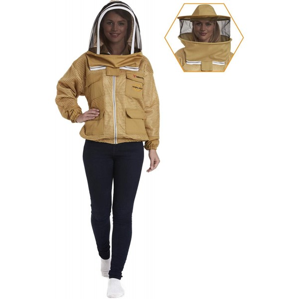Natural Apiary Zephyros Protect 3 Layer Ventilated Jacket Suit Outfit with 2 x Non-Flammable Veil Mesh (Round & Fencing) Beekeepers Stay Ultra Cool & Protection from Bees & Wasps, Khaki