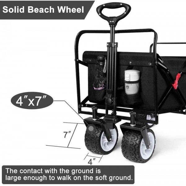 BEAU JARDIN Folding Wagon Cart 300 Pound Capacity Collapsible Utility Camping Grocery Canvas Portable Rolling Lightweight Outdoor Garden Sports Heavy Duty Shopping Wide All Terrain Beach Wheel Black