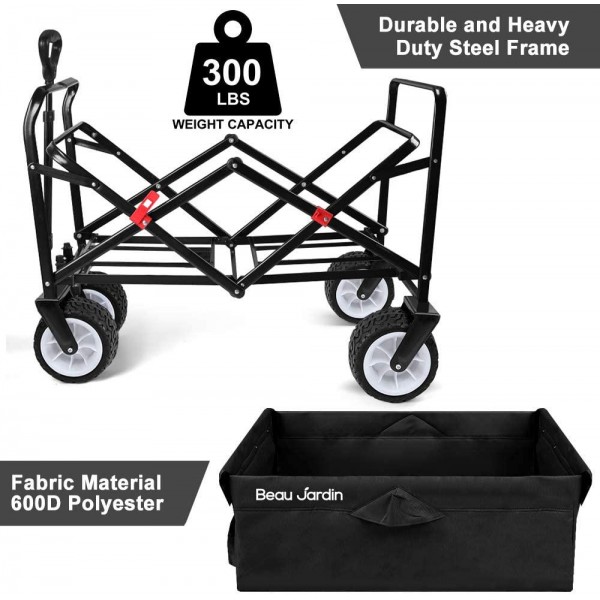 BEAU JARDIN Folding Wagon Cart 300 Pound Capacity Collapsible Utility Camping Grocery Canvas Portable Rolling Lightweight Outdoor Garden Sports Heavy Duty Shopping Wide All Terrain Beach Wheel Black