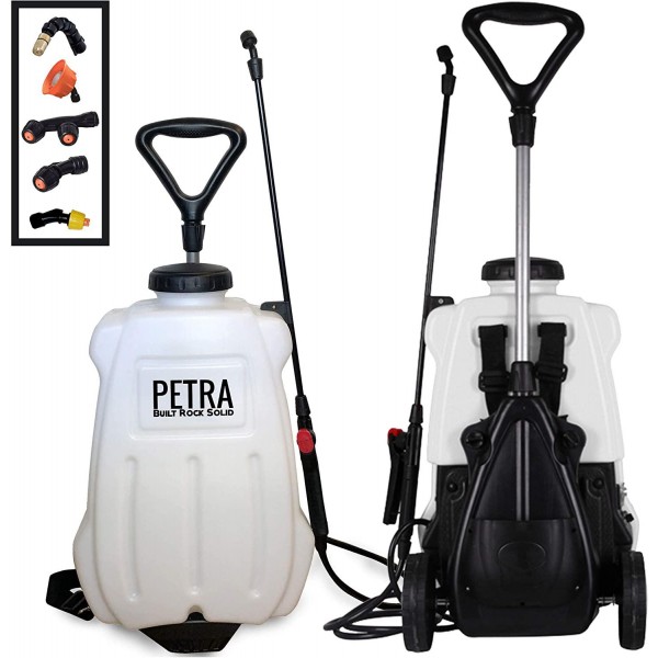 PetraTools 4-Gallon Battery Powered Sprayer, Comes with Multiple Nozzles and Multipurpose Wand, 4X Longer Battery Power, with Custom-Built Cart, HD4100-Pro