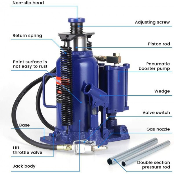 Anbull 20 Ton Air Hydraulic Bottle Jack, Blue Pneumatic Hydraulic Bottle Jack with Manual Hand Pump for Heavy Duty Auto Truck Repair