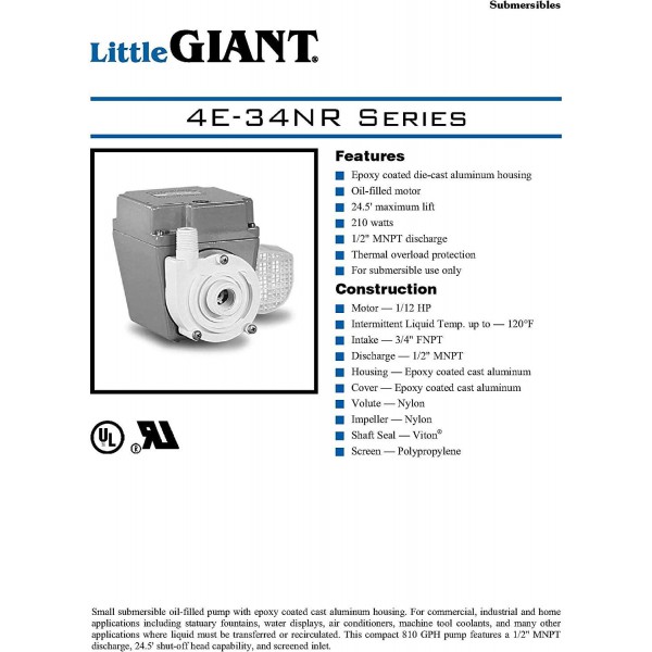 Little Giant 504203 4E-34NR115 Volt 810 GPH Small Submersible Oil-Filled Pump