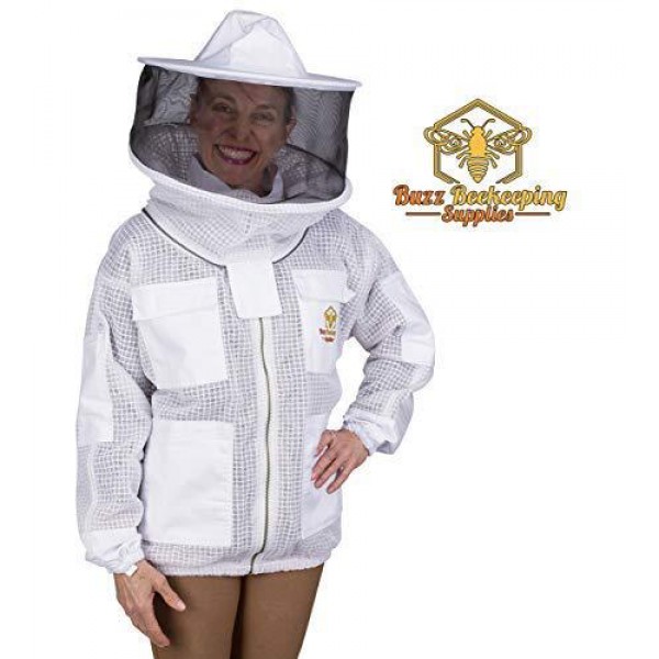 Ventilated Beekeeping Jacket and Bee Family Stickers - YKK Metal Zippers - Men & Women - Total Protection - Self-Supporting Round Veil for Beekeepers - Easily Take On & Off - 5 Pockets (X-Large)