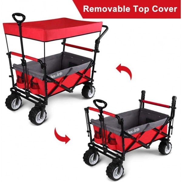BEAU JARDIN Folding Push Wagon Cart with Canopy Collapsible Utility Camping Grocery Canvas Fabric Sturdy Portable Rolling Lightweight Buggies Outdoor Garden Sport Heavy Duty Shopping Wide Wheel Red