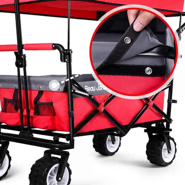BEAU JARDIN Folding Push Wagon Cart with Canopy Collapsible Utility Camping Grocery Canvas Fabric Sturdy Portable Rolling Lightweight Buggies Outdoor Garden Sport Heavy Duty Shopping Wide Wheel Red
