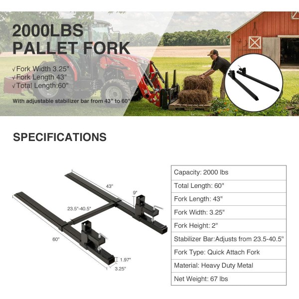 Orion Motor Tech 60 inch Clamp on Pallet Forks Heavy Duty 2000lbs Pallet Forks with Adjustable Stabilizer Bar for Bucket Loader Tractor Skid Steer