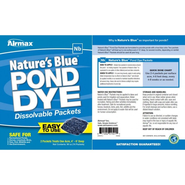 Airmax Nature's Blue Water Soluble Pond Dye Packs (WSP), Easy No Mess Application, for Ponds & Lakes, 16 WSP Pack