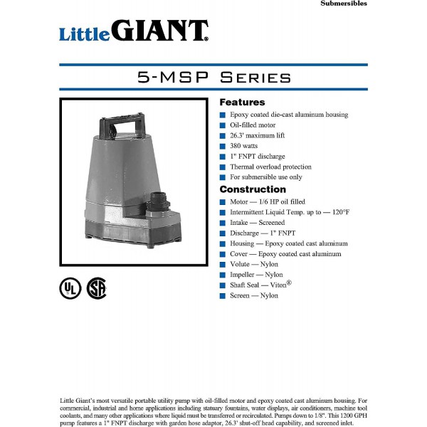 Little Giant 505025 1/6 HP Submersible Utility Pump, 5-MSP 115 Volt 1200 GPH