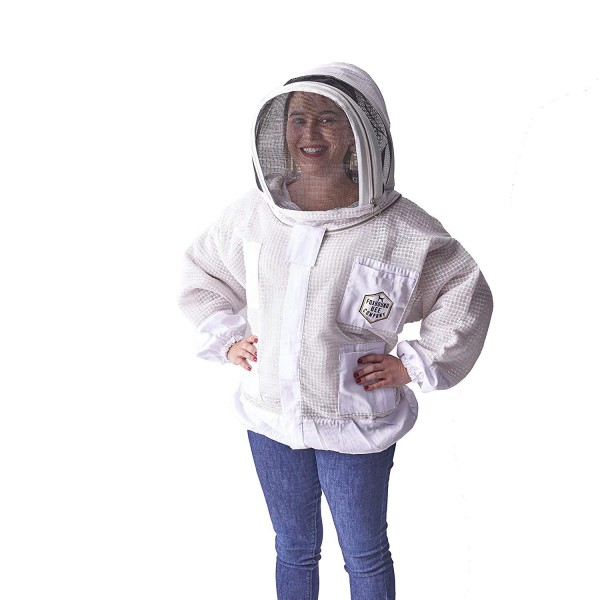Pro Level Triple Layer White Ventilated Beekeeping Jacket with Easy Open Veil, Removable Fencing Hood and Sting Proof Breathable Cool Mesh for Beekeeper Comfort (Large)