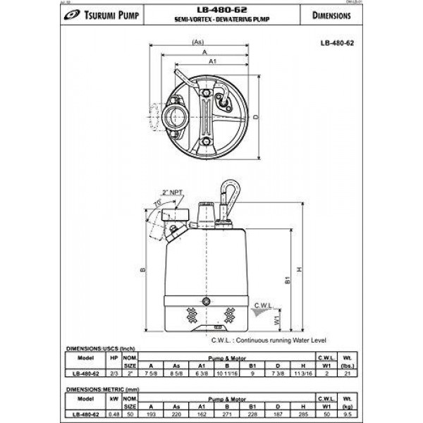 Tsurumi LB-480; Slimline Portable dewatering Pump, 2/3hp, 115V, 2