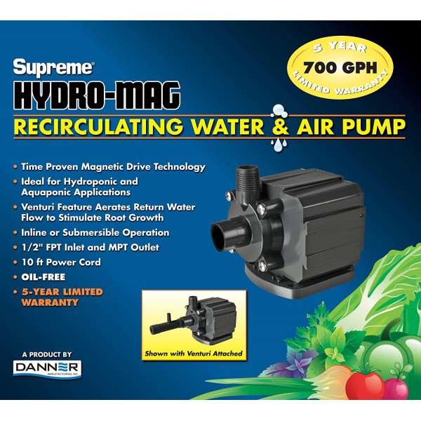 Danner Manufacturing, Inc. Supreme Hydro-Mag Recirculating Water & Air Pump 700GPH with Venturi, #40127