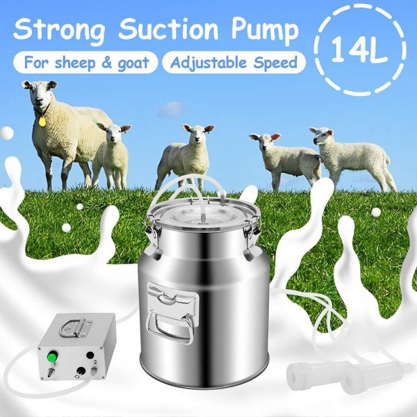 Tolsous Milking Equipment Apparatus with 2 Teat Cups 14L Stainless-Sheep for Goats Steel Milk Container Food Grade Hose Charge/Plug in (for Goat)