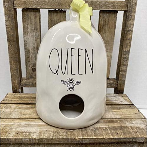 Rae Dunn By Magenta Queen Ceramic LL Bee Icon Beehive Shaped Decorative Birdhouse with Yellow Ribbon 2020 Limited Edition