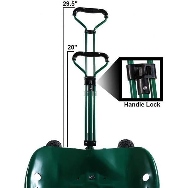 Sunnydaze Garden Cart Rolling Scooter with Extendable Steering Handle, Swivel Seat & Utility Basket, Green