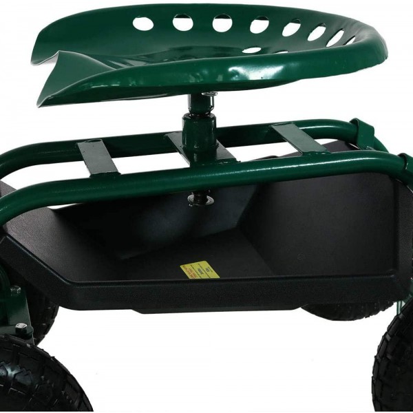 Sunnydaze Garden Cart Rolling Scooter with Extendable Steering Handle, Swivel Seat & Utility Basket, Green