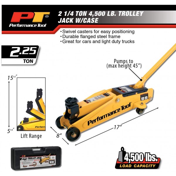 Performance Tool W1611 2.25 Ton (4,500 lbs.) Capacity Trolley Jack with Case