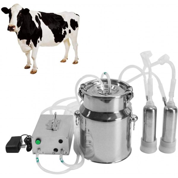 QHWJ Goats Cows Milker Machine Pulsating Vacuum Electric Small Family Farm Milking Kit,7L/14L Steel Milk Barrel, 2 Teat Cups and Cleaning Brush,7L for Cow