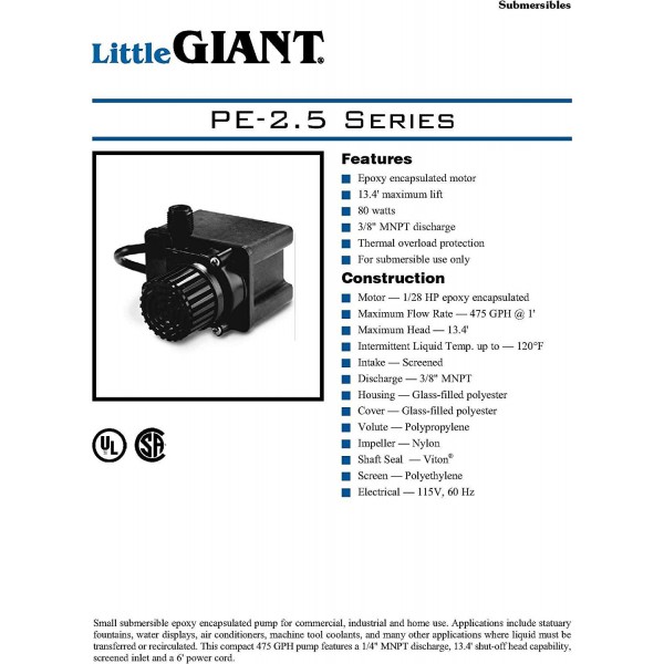 Little Giant 518600 PE-2.5F 115 Volt 475 GPH Small Submersible Direct Drive Pump