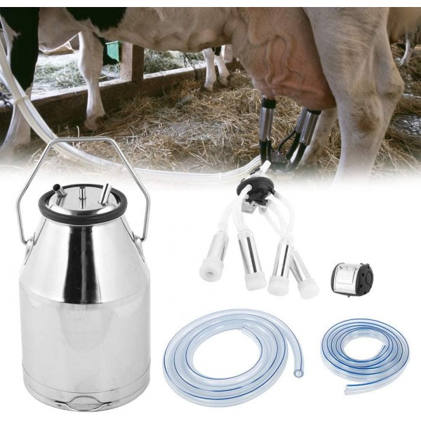 Qiilu Goat Milker Machine 6.6 Gallons Portable Four Head Stainless Steel Cow Goat Milking Machine Milking Pail Milk Bucket Tanks Container Barrel for Goat Cow Sheep Cattle