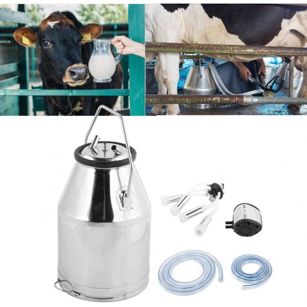 Qiilu Goat Milker Machine 6.6 Gallons Portable Four Head Stainless Steel Cow Goat Milking Machine Milking Pail Milk Bucket Tanks Container Barrel for Goat Cow Sheep Cattle