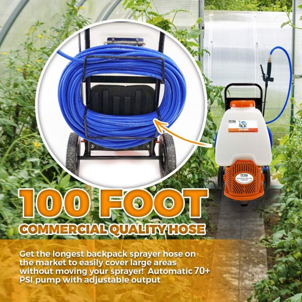 PetraTools Powered Backpack Sprayer with Custom Fitted Cart and 100 Foot Commercial Hose, 2 Hoses Included, Commercial Quality Heavy Duty Sprayer (6.5 Gallon Cart Sprayer)