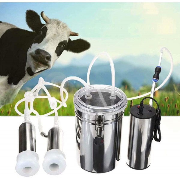 QHWJ Cow Milking Machine Electric Vacuum Milker Dairy Farm Equipment with 2L Stainless Steel Milk Barrel, 2 Teat Cups and Cleaning Brush