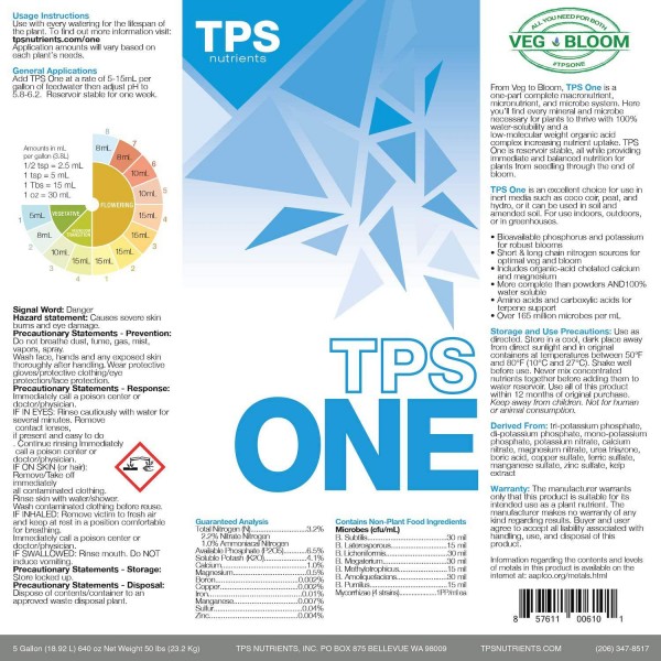 TPS-One Liquid One Part Nutrient from Veg to Bloom by TPS Nutrients, 5 Gallon (640 oz)