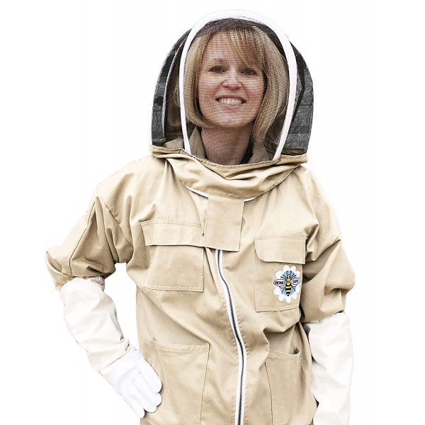 Honey Bee Safe Beekeepers Suit Tan100% Cotton Full Body Coverall in Khaki with Detachable Hooded Veil and Supple Leather Gloves for Women (XSmall)