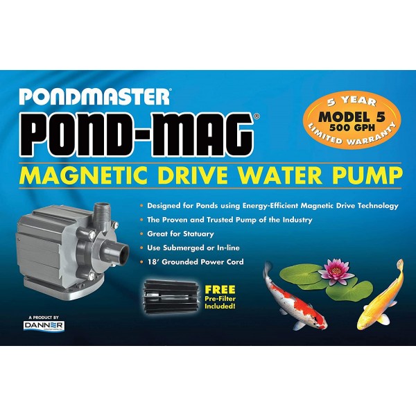 Danner Manufacturing, Inc. Pondmaster Pond-Mag, Magnetic Drive Water Pumps, 500 GPH Pond Pump 18-Foot Cord, #02525,Black
