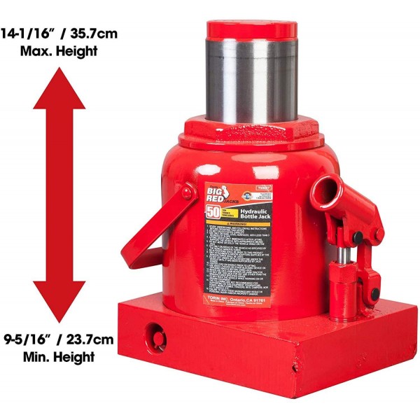 BIG RED T95007 Torin Hydraulic Stubby Low Profile Welded Bottle Jack, 50 Ton (100,000 lb) Capacity, Red