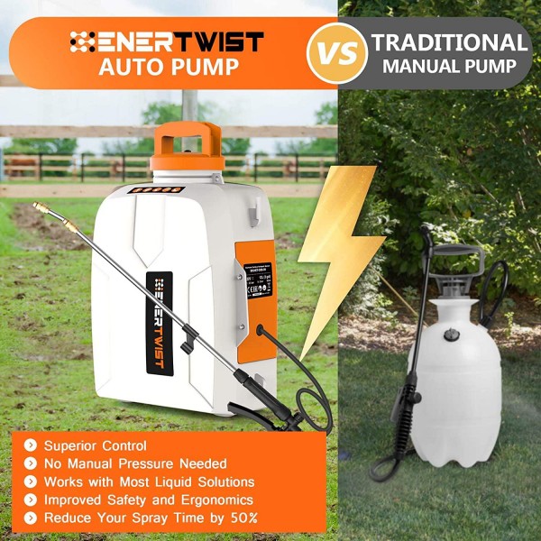 ENERTWIST 20V Battery Powered Backpack Sprayer, 3 Gal Auto Pump Sprayer w/ 2.0Ah Li-ion Battery&Charger, Telescope Wand and 3 Nozzles for Lawn and Garden Spraying, Weeding, Fertilization, Disinfecting