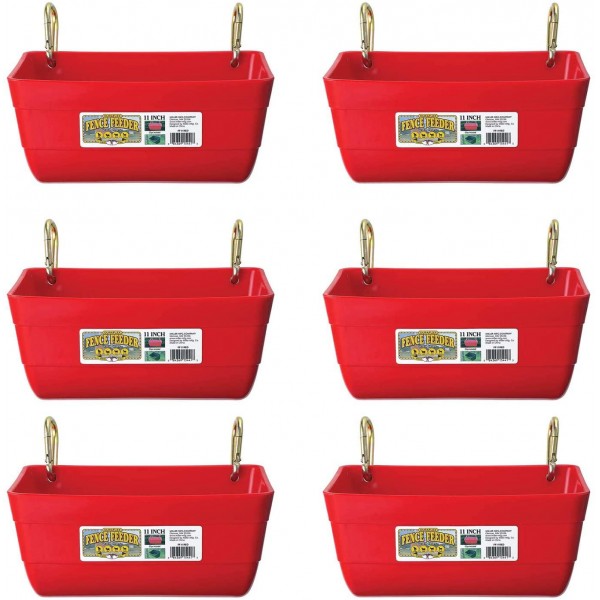 Little Giant FF11RED 4.5 Quart Heavy Duty Plastic Feed Trough Bucket Fence Feeder with Clips for Livestock & Pets, Red (6 Pack)