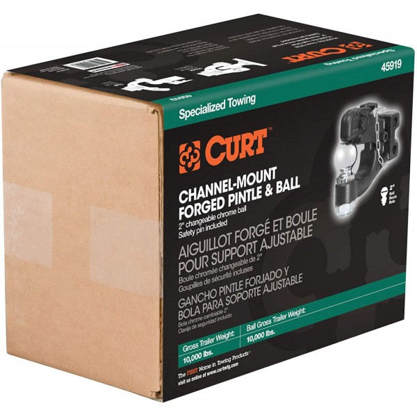 CURT 45919 Channel Mount Pintle Attachment with 2-Inch Ball, 10,000 lbs, Shank Required