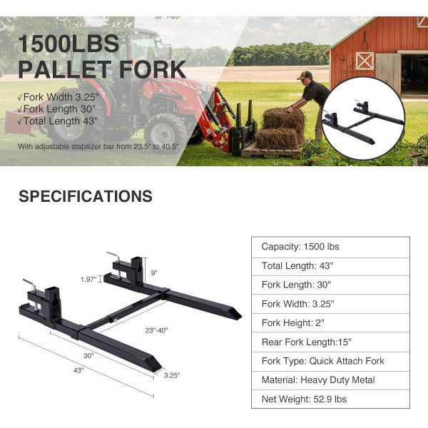 Orion Motor Tech 43 inch Clamp on Pallet Forks Heavy Duty 1500lbs Pallet Forks with Adjustable Stabilizer Bar for Bucket Loader Tractor Skid Steer