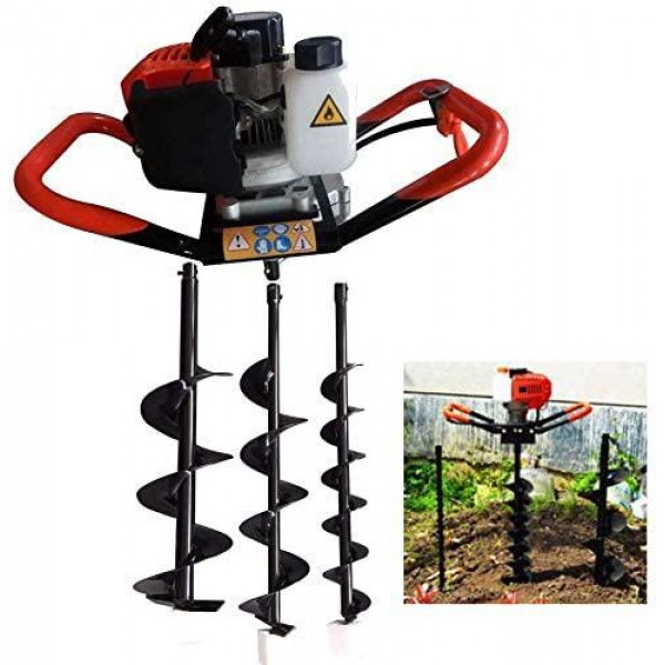 One Man Earth Auger, 52cc 2-Cycle 2.3 HP Petrol Powered Earth Auger Post Hole Borer Ground Drill Digger + 3 Bits