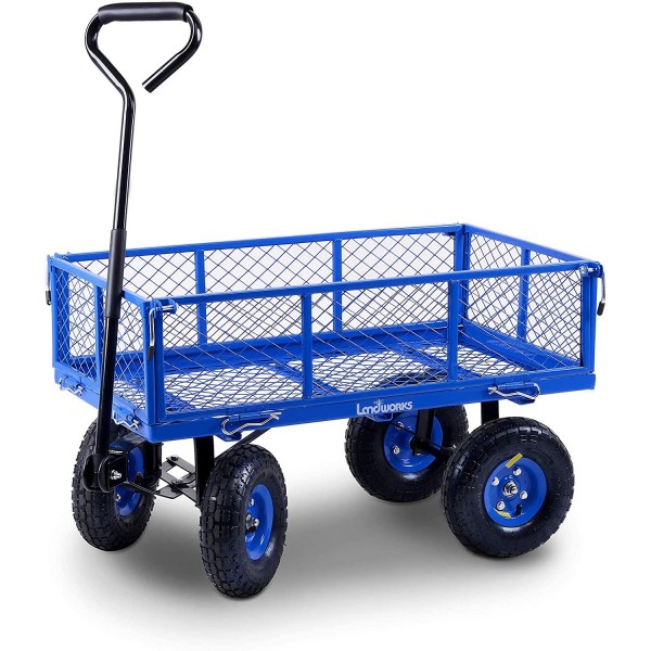 Landworks 2103Q044A Heavy Duty Lawn/Garden Utility Cart/Wagon With Removable Side Meshes, 400 lbs, Blue