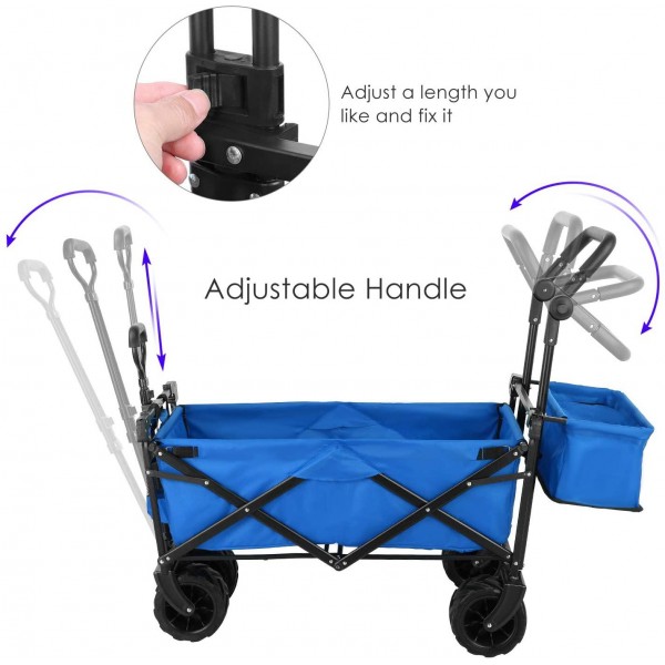 Push and Pull Collapsible Utility Wagon, Heavy Duty Folding Portable Hand Cart with Removable Canopy, 7“ All-Terrain Wheels, Adjustable Handles and Double Fabric for Shopping, Picnic, Beach, Camping