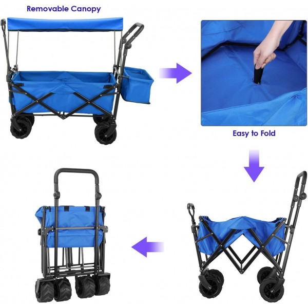 Push and Pull Collapsible Utility Wagon, Heavy Duty Folding Portable Hand Cart with Removable Canopy, 7“ All-Terrain Wheels, Adjustable Handles and Double Fabric for Shopping, Picnic, Beach, Camping