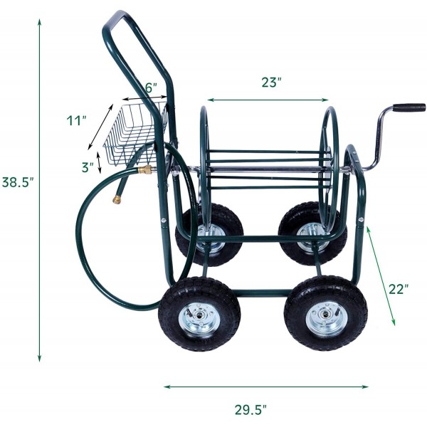 KARMAS PRODUCT 4 Wheels Portable Garden Hose Reel Cart  with Storage Basket  Rust Resistant Heavy Duty Water Hose Holder
