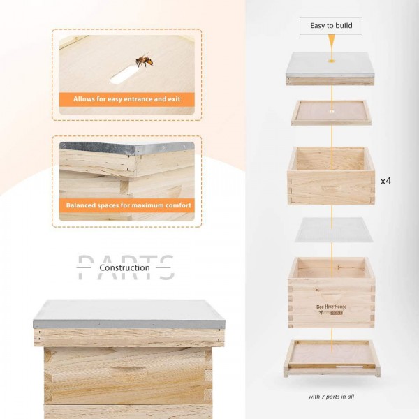 VIVOHOME Wooden 5 Layers 5 Box Langstroth Honey Bee Hive Box with Metal Roof for Beekeeping (Foundations Not Included)