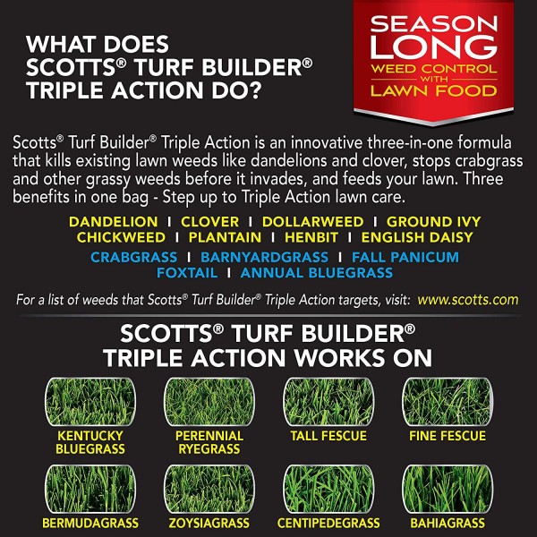 Scotts 10,000 Sq. Ft Turf Builder Triple Action | Kills Weeds Including Dandelions & Clover | Prevents Crabgrass, Feeds & Fertilizes To Build Thick Green Lawns | 26002 Model