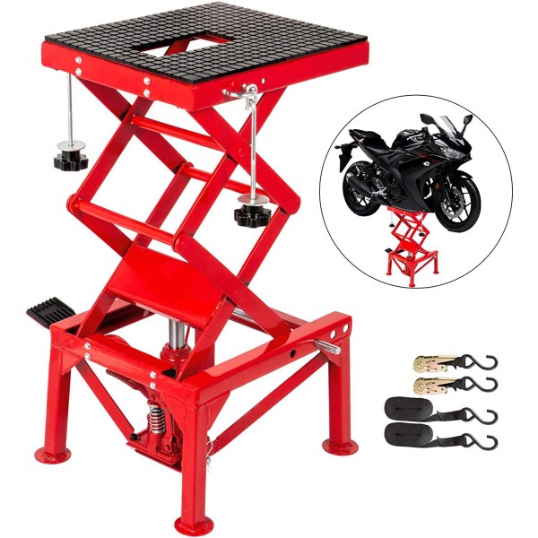 VEVOR Motorcycle Jack, Hydraulic Motorcycle Scissor Jack with 300LBS Load Capacity, Portable Lift Table, Adjustable Motorcycle Lift Jack, Red Motorcycle Lift Stand with Fastening Straps