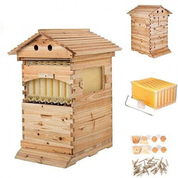 Gdrasuya10 7Pcs Auto Honey Hive Beehive Frames Beekeeping Wooden House Beehive Boxes with Honey Drain for Bee Farming USA Stock